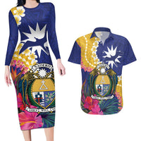 Nauru Independence Day Couples Matching Long Sleeve Bodycon Dress and Hawaiian Shirt Coat Of Arms With Tropical Flowers