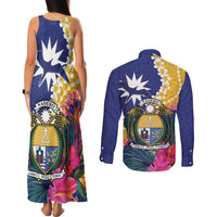 Nauru Independence Day Couples Matching Tank Maxi Dress and Long Sleeve Button Shirt Coat Of Arms With Tropical Flowers