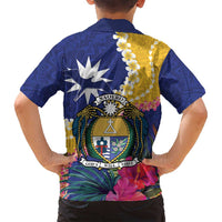 Nauru Independence Day Family Matching Summer Maxi Dress and Hawaiian Shirt Coat Of Arms With Tropical Flowers
