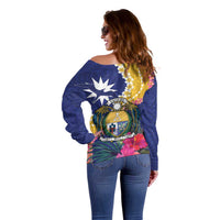 Nauru Independence Day Off Shoulder Sweater Coat Of Arms With Tropical Flowers
