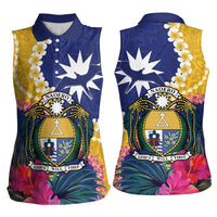 Nauru Independence Day Women Sleeveless Polo Shirt Coat Of Arms With Tropical Flowers