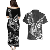 Black Aloha Hawaii Couples Matching Puletasi and Hawaiian Shirt Polynesian Shark Tattoo With Plumeria LT14 - Polynesian Pride