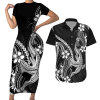 Black Aloha Hawaii Couples Matching Short Sleeve Bodycon Dress and Hawaiian Shirt Polynesian Shark Tattoo With Plumeria - Polynesian Pride