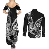 Black Aloha Hawaii Couples Matching Summer Maxi Dress and Long Sleeve Button Shirt Polynesian Shark Tattoo With Plumeria LT14 - Polynesian Pride