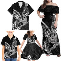 Black Aloha Hawaii Family Matching Off Shoulder Maxi Dress and Hawaiian Shirt Polynesian Shark Tattoo With Plumeria - Polynesian Pride