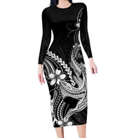 Black Aloha Hawaii Long Sleeve Bodycon Dress Polynesian Shark Tattoo With Plumeria LT14 Long Dress Black - Polynesian Pride