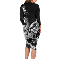 Black Aloha Hawaii Long Sleeve Bodycon Dress Polynesian Shark Tattoo With Plumeria LT14 - Polynesian Pride