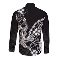 Black Aloha Hawaii Long Sleeve Button Shirt Polynesian Shark Tattoo With Plumeria LT14 - Polynesian Pride
