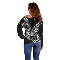 Black Aloha Hawaii Off Shoulder Sweater - Polynesian Shark Tattoo With Plumeria LT14 - Polynesian Pride