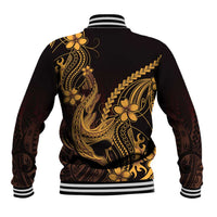 Gold Black Aloha Hawaii Baseball Jacket Polynesian Shark Tattoo With Plumeria LT14 - Polynesian Pride