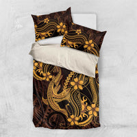 Gold Black Aloha Hawaii Bedding Set Polynesian Shark Tattoo With Plumeria LT14 US Twin 172cm x 218cm Gold - Polynesian Pride