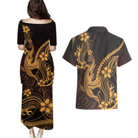 Gold Black Aloha Hawaii Couples Matching Puletasi and Hawaiian Shirt Polynesian Shark Tattoo With Plumeria LT14 - Polynesian Pride