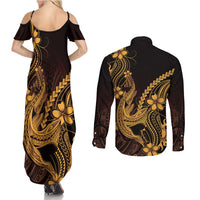 Gold Black Aloha Hawaii Couples Matching Summer Maxi Dress and Long Sleeve Button Shirt Polynesian Shark Tattoo With Plumeria - Polynesian Pride