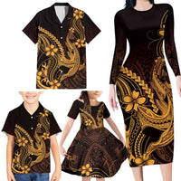 Gold Black Aloha Hawaii Family Matching Long Sleeve Bodycon Dress and Hawaiian Shirt Polynesian Shark Tattoo With Plumeria - Polynesian Pride
