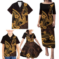 Gold Black Aloha Hawaii Family Matching Puletasi and Hawaiian Shirt Polynesian Shark Tattoo With Plumeria - Polynesian Pride