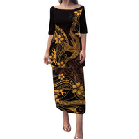 Gold Black Aloha Hawaii Family Matching Puletasi and Hawaiian Shirt Polynesian Shark Tattoo With Plumeria - Polynesian Pride