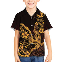 Gold Black Aloha Hawaii Family Matching Puletasi and Hawaiian Shirt Polynesian Shark Tattoo With Plumeria - Polynesian Pride