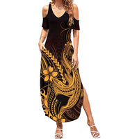 Gold Black Aloha Hawaii Family Matching Summer Maxi Dress and Hawaiian Shirt Polynesian Shark Tattoo With Plumeria - Polynesian Pride