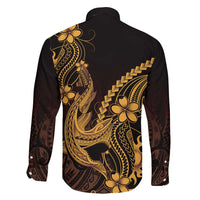 Gold Black Aloha Hawaii Family Matching Tank Maxi Dress and Hawaiian Shirt Polynesian Shark Tattoo With Plumeria - Polynesian Pride