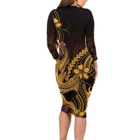 Gold Black Aloha Hawaii Long Sleeve Bodycon Dress Polynesian Shark Tattoo With Plumeria LT14 - Polynesian Pride