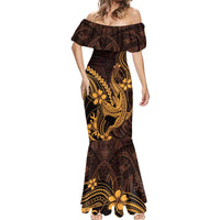 Gold Black Aloha Hawaii Mermaid Dress Polynesian Shark Tattoo With Plumeria LT14 - Polynesian Pride
