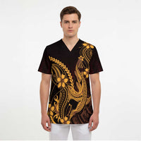 Gold Black Aloha Hawaii Scrub Top Polynesian Shark Tattoo With Plumeria LT14 - Polynesian Pride