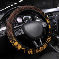 Gold Black Aloha Hawaii Steering Wheel Cover Polynesian Shark Tattoo With Plumeria LT14 Universal Fit Gold - Polynesian Pride