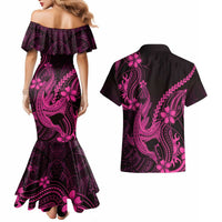 Pink Black Aloha Hawaii Couples Matching Mermaid Dress and Hawaiian Shirt Polynesian Shark Tattoo With Plumeria LT14 - Polynesian Pride