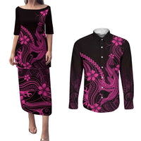 Pink Black Aloha Hawaii Couples Matching Puletasi and Long Sleeve Button Shirt Polynesian Shark Tattoo With Plumeria - Polynesian Pride