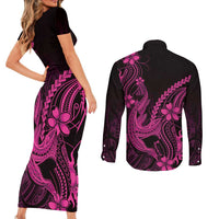 Pink Black Aloha Hawaii Couples Matching Short Sleeve Bodycon Dress and Long Sleeve Button Shirt Polynesian Shark Tattoo With Plumeria - Polynesian Pride