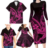 Pink Black Aloha Hawaii Family Matching Long Sleeve Bodycon Dress and Hawaiian Shirt Polynesian Shark Tattoo With Plumeria - Polynesian Pride