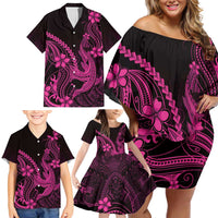 Pink Black Aloha Hawaii Family Matching Off Shoulder Short Dress and Hawaiian Shirt Polynesian Shark Tattoo With Plumeria - Polynesian Pride
