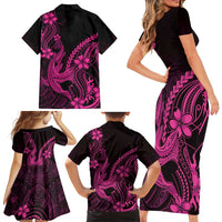 Pink Black Aloha Hawaii Family Matching Short Sleeve Bodycon Dress and Hawaiian Shirt Polynesian Shark Tattoo With Plumeria - Polynesian Pride