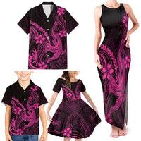 Pink Black Aloha Hawaii Family Matching Tank Maxi Dress and Hawaiian Shirt Polynesian Shark Tattoo With Plumeria - Polynesian Pride