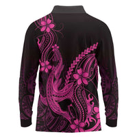 Pink Black Aloha Hawaii Long Sleeve Polo Shirt Polynesian Shark Tattoo With Plumeria LT14 - Polynesian Pride