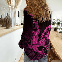 Pink Black Aloha Hawaii Women Casual Shirt Polynesian Shark Tattoo With Plumeria - Polynesian Pride