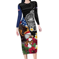 United States and American Samoa Family Matching Long Sleeve Bodycon Dress and Hawaiian Shirt USA Flag Eagle With Seal Tropical Flowers