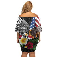 United States and American Samoa Family Matching Off Shoulder Short Dress and Hawaiian Shirt USA Flag Eagle With Seal Tropical Flowers