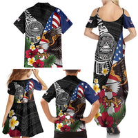 United States and American Samoa Family Matching Summer Maxi Dress and Hawaiian Shirt USA Flag Eagle With Seal Tropical Flowers LT14 - Polynesian Pride