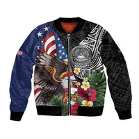 United States and American Samoa Sleeve Zip Bomber Jacket USA Flag Eagle With Seal Tropical Flowers