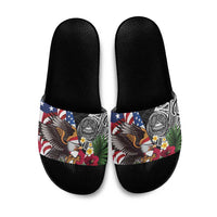 United States and American Samoa Slide Sandals USA Flag Eagle With Seal Tropical Flowers