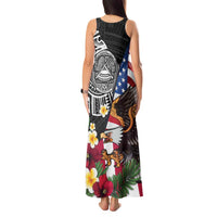 United States and American Samoa Tank Maxi Dress USA Flag Eagle With Seal Tropical Flowers