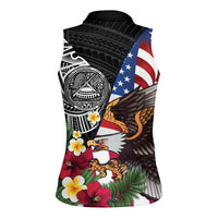 United States and American Samoa Women Sleeveless Polo Shirt USA Flag Eagle With Seal Tropical Flowers