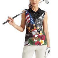 United States and American Samoa Women Sleeveless Polo Shirt USA Flag Eagle With Seal Tropical Flowers