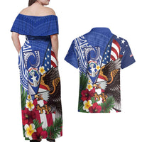 United States and Northern Mariana Islands Couples Matching Off Shoulder Maxi Dress and Hawaiian Shirt USA Flag Eagle CNMI Latte Stone Tropical Flowers