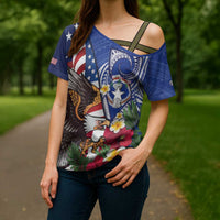 United States and Northern Mariana Islands Cross Shoulder Shirt USA Flag Eagle CNMI Latte Stone Tropical Flowers