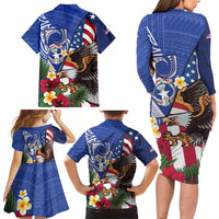 United States and Northern Mariana Islands Family Matching Long Sleeve Bodycon Dress and Hawaiian Shirt USA Flag Eagle CNMI Latte Stone Tropical Flowers