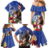 United States and Northern Mariana Islands Family Matching Mermaid Dress and Hawaiian Shirt USA Flag Eagle CNMI Latte Stone Tropical Flowers