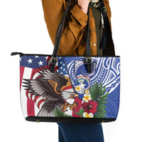 United States and Northern Mariana Islands Leather Tote Bag USA Flag Eagle CNMI Latte Stone Tropical Flowers