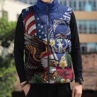 United States and Northern Mariana Islands Sleeveless Puffer Jacket USA Flag Eagle CNMI Latte Stone Tropical Flowers
